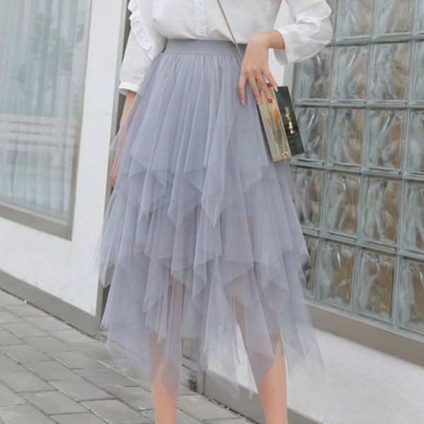 

women irregular tulle skirts elastic high waist mesh tutu skirt pleated long skirts fashion midi skirt saias faldas jupe femmle, Black