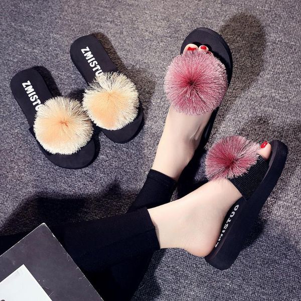 

hair ball woman slippers beach breathable home flip-flops wedges shoes slipper femme pantoufles woman slippers zapatos mujer, Black