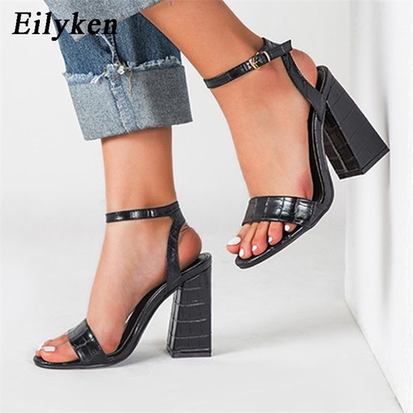 

eilyken buckle strap square high heels women gladiator sandals 2020 summer peep toe sandalias shoes plus big size 41 42 0922, Black