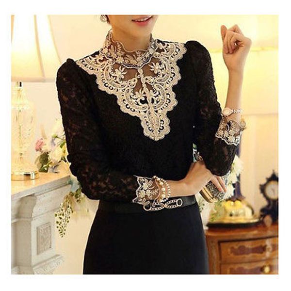

fashion long sleeve bodysuit beaded women lace blouse shirts crochet mesh chiffon blouse female clothing, White