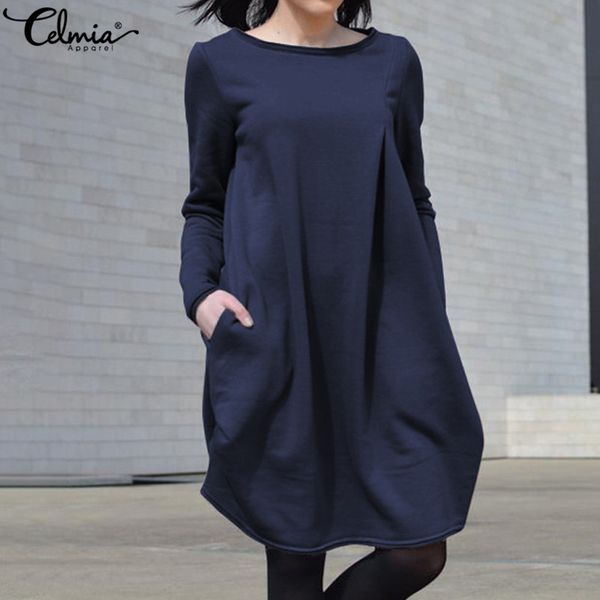 

celmia women vintage dress 2020 autumn long sleeve casual loose sweatshirt dresses o neck asymmetrical fleece vestidos plus size, Black;gray