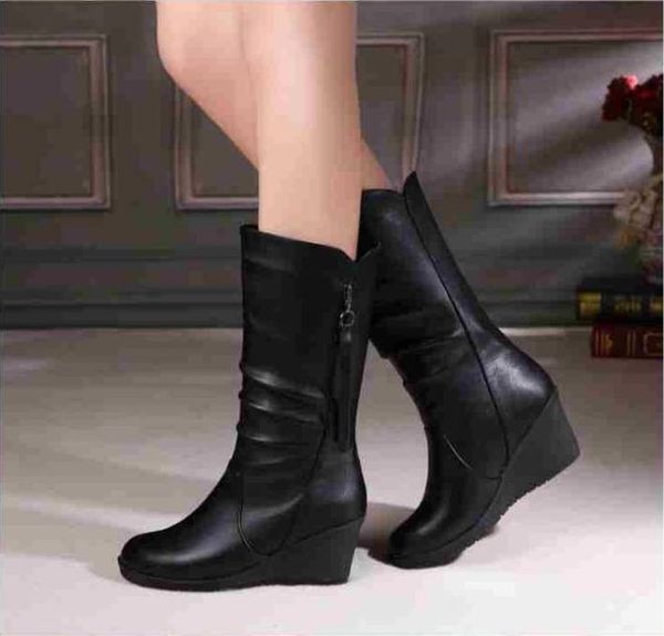 

winter warm fur boots womens boots high heels side zipper female shoes black woman shoes wedge shose women