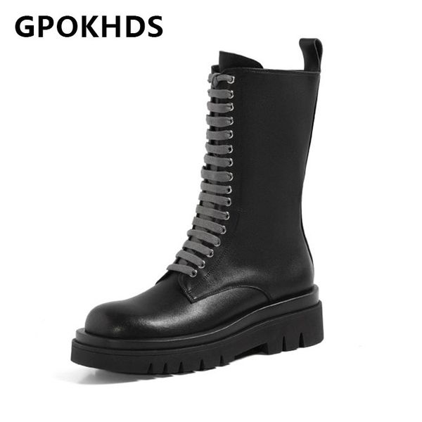 

gpokhds 2021 women mid-calf boots cow leather winter short plush round toe zipper high heels female riding boots size 40, Black