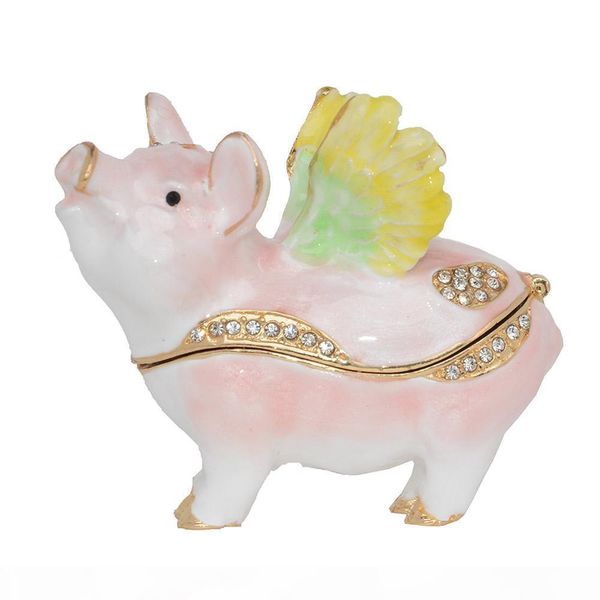 

pig trinket box rhinestone jeweled enamel hinged jewelry box metal crafts boutique gifts, Black;white