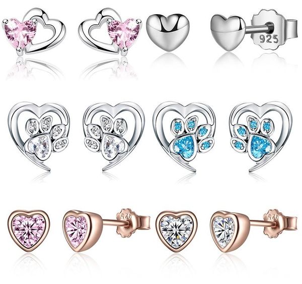 

wostu love heart small earrings 100% 925 sterling silver original zircon wedding stud earrings for women fashion jewelry002, Golden;silver