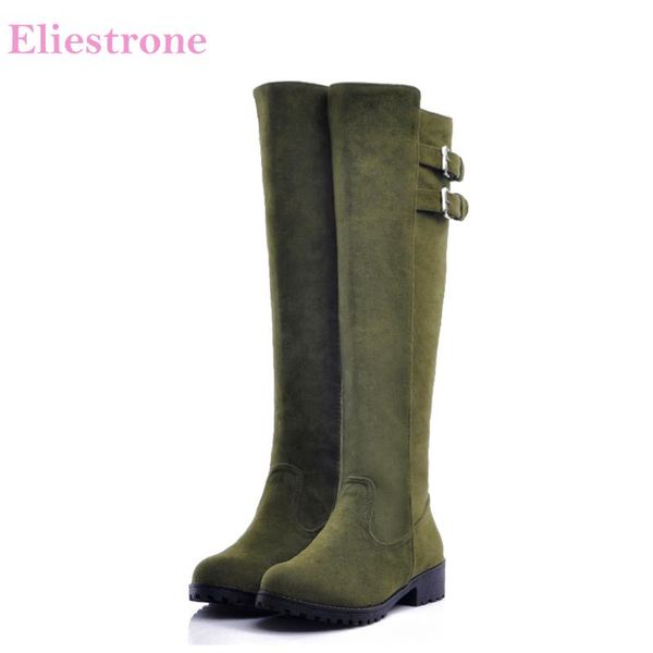 

brand new winter fashion army green yellow women knee high boots chunky heels lady shoes sa9 plus big size 10 43, Black