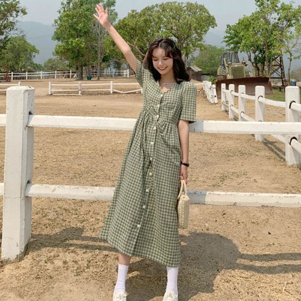 

dress women single breasted french style plaid yellow green loose dresses leisure lovely korean elastic waist elegant colorful, Black;white