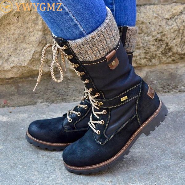 

2020 winter shoes women boots basic mid-calf boots round toe zip platform decor female shoes warm lace up zapatos de mujer, Black