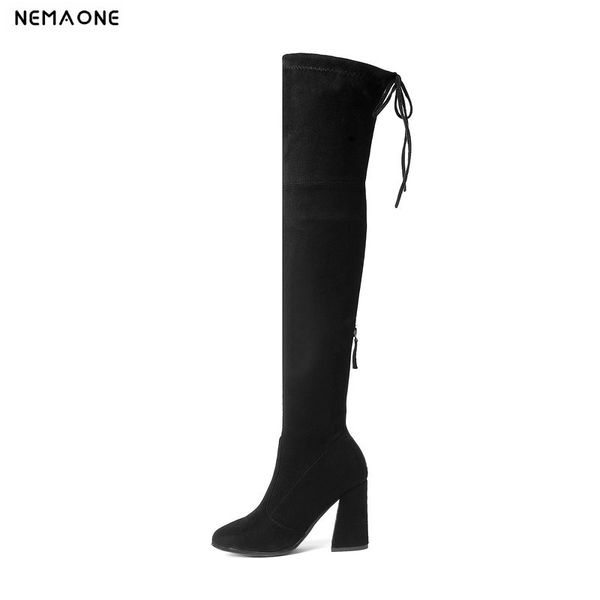 

nemaone 2020 new suede leather women over the knee boots lace up high heels women shoes zipper autumn boots size 34-43, Black