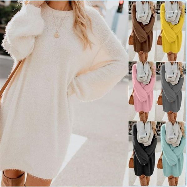 

fashion clothes women crew neck plush dress long sleeve loose winter solid color casual dress famale, Black;gray
