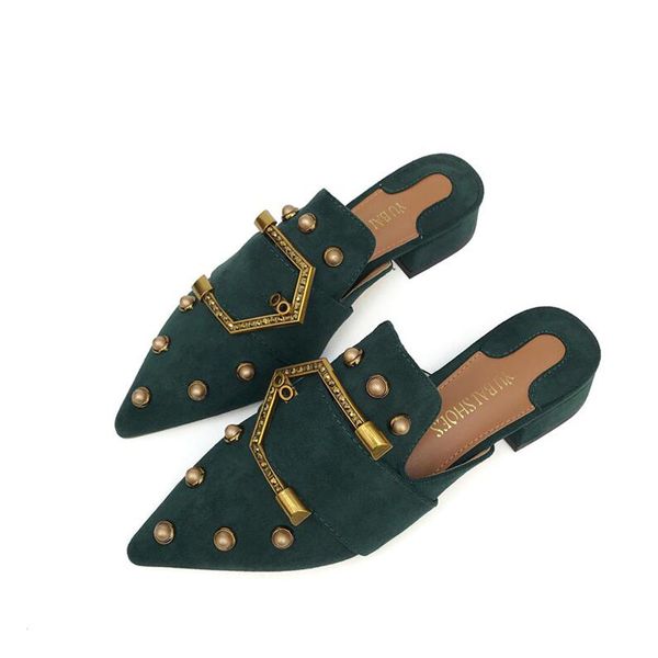 

summer new 2020 women pointed toe slippers slip on mules brand designers fashion luxury metal rivet slides loafers f20-15, Black