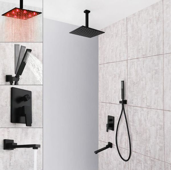 

3 functions matt black led shower set bathroom concealed ceiling mounted 8" led light rain showerhead square + hand shower + tap