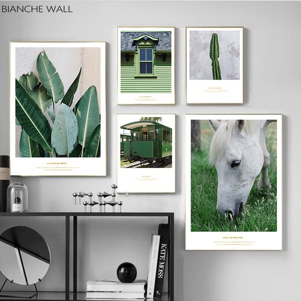 

foliage horse window train canvas art poster nordic print green theme wall art picture landscape painting modern home decor