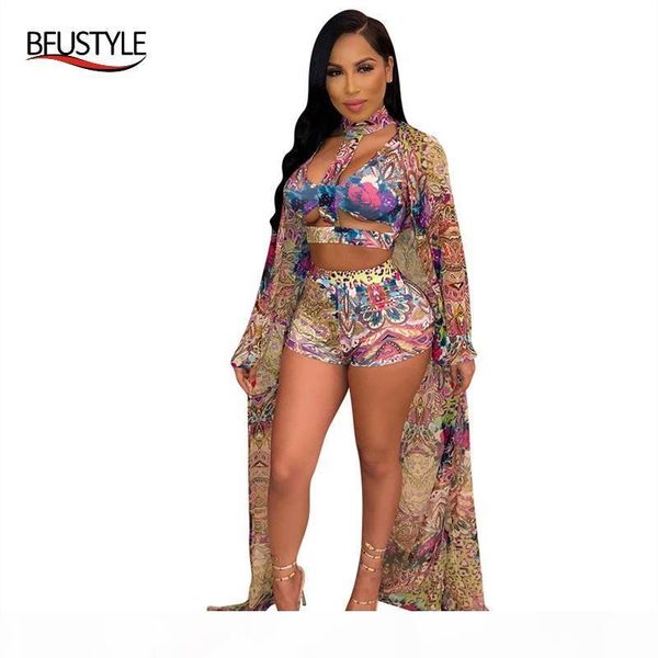 

2020 цветочного printed cover up 3 шт набор sexy summer пляжных женщины обрезанного бюстгальтер + шорты + cover up купальник dropship, Blue;gray