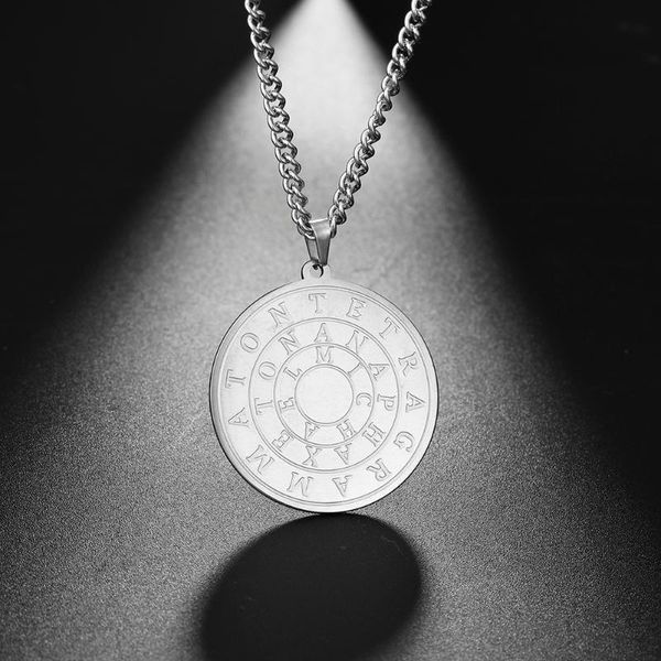 

dawapara magic circle or disc of solomon seal kabbalah amulet pendant men necklace stainless steel jewelry, Silver
