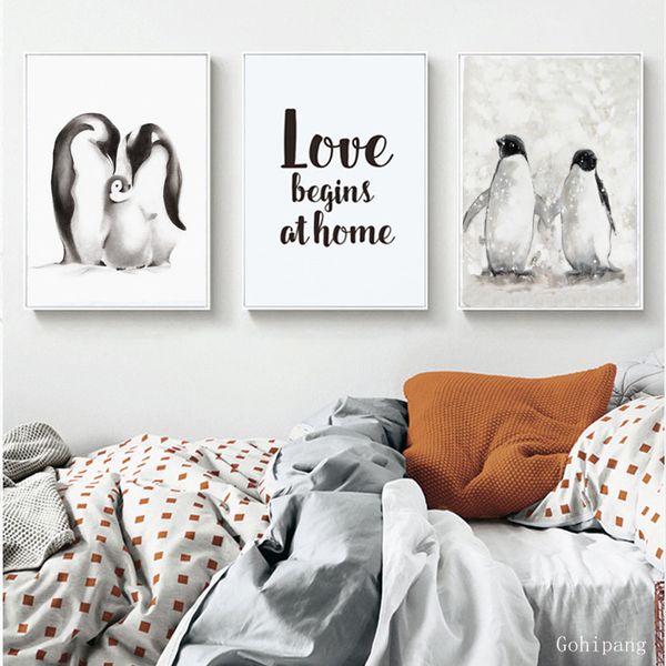 

modern wall art penguin family love canvas painting poster print nordic animals pictures for living room home decoration