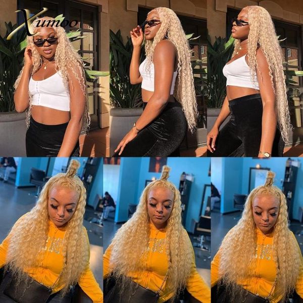 

xumoo natural hairline remy human hair deep curly blonde wig human hair 360 lace frontal wig 360 lace wigs for black women, Black;brown