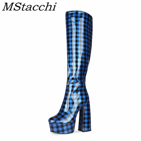 

mstacchi 14.5cm thick heel platform lattice pattern patent leather women knee-length boots new fashion madam shoes high heels, Black