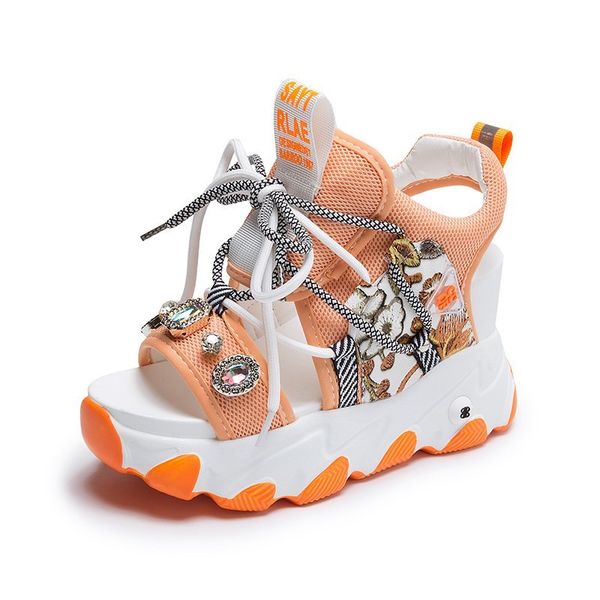 

2020 summer new women sandals fashion flowers diamond crystal wedge sandals ladies chunky high heels woman platform shoes, Black