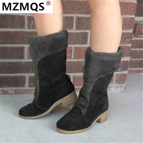 

boots 2021 winter women mid-calf fashion keep warm cotton shoes vintage turned-over edge botas mujer, Black