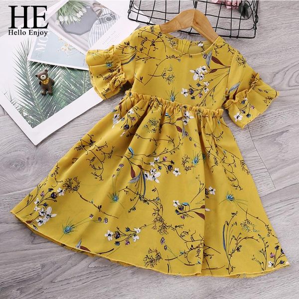 

he hello enjoy girls summer dresses kids clothes casual short sleeve printed flared sleeve dress infantil children clothes 2020, Red;yellow