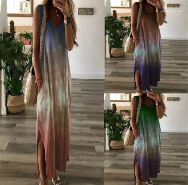

dress ladies summer clothes women gradient tie dye dress slim fit sleeveless v neck split casual, Black;gray