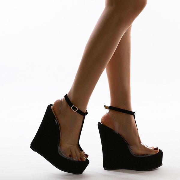 

2020 new pvc transparent ankle buckle strap sandals female fashion platform wedges high heels summer women party shoes, Black