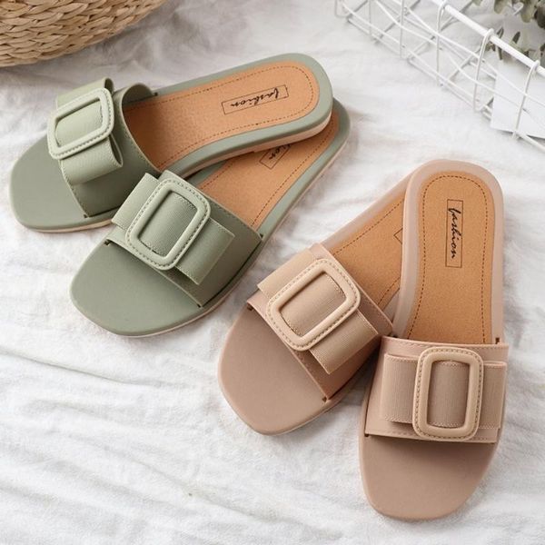 

women cute square buckle beach slippers comfy slip on summer outdoor slippers woman shoes femme pantoufles, Black