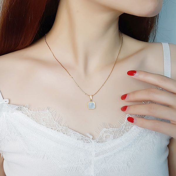 

fashion white shell square pendant necklaces for girls rose gold titanium stainless steel female chain choker necklace, Silver