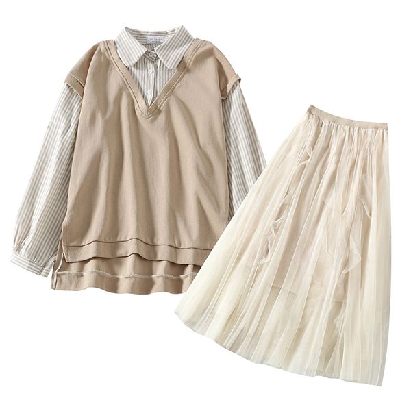 

merry pretty 2 piece set women beige striped patchwork fause 2 pcs sweatshirt +high waist mesh skirt 2 pcs women skirt set, White