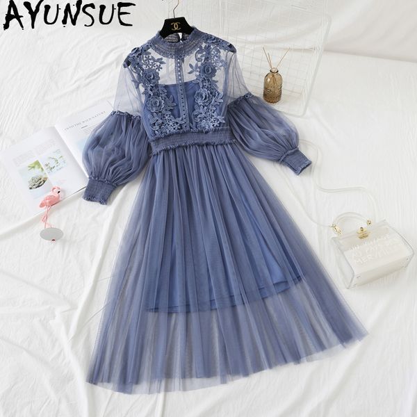 

ayunsue two piece set women summer lace dress set boho korean long dresses mesh beach sweet sets vestidos de verano kj1737, Gray