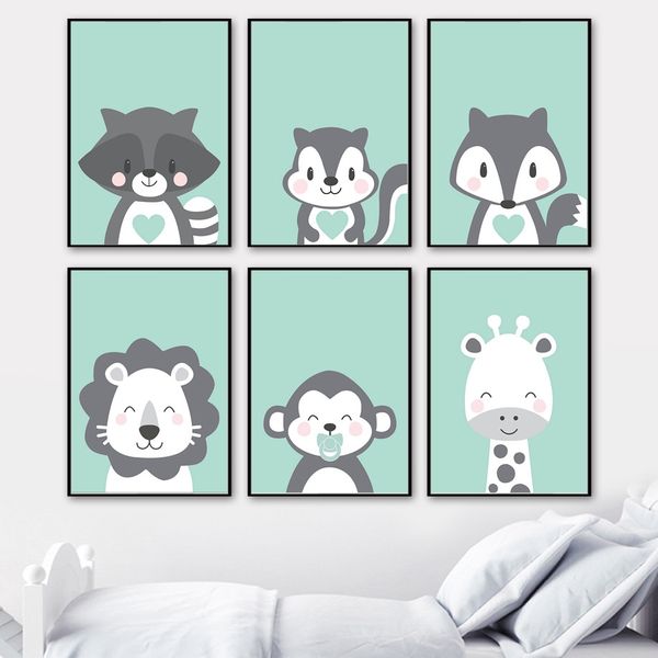 

lion giraffe monkey squirrel fox poster nursery wall art print canvas painting raccoon wall picture baby kids room bedroom decor