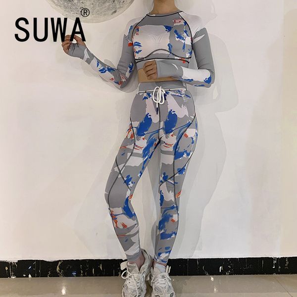 

camouflage o neck long sleeve crop and tight pants 2 pieces set tight club party lady fashion high street tracksuits, Gray