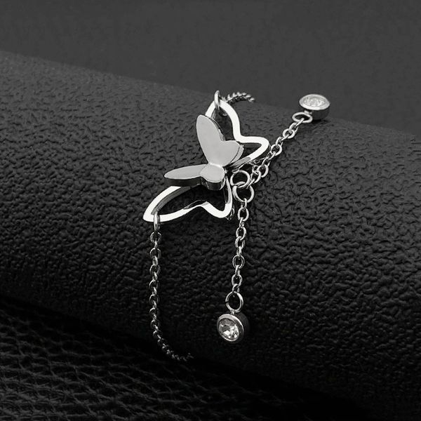 

trendy bohemia rhinestone butterfly charm girl's bracelet stainless steel link chain long tassel bracelet for christmas gift, Golden;silver
