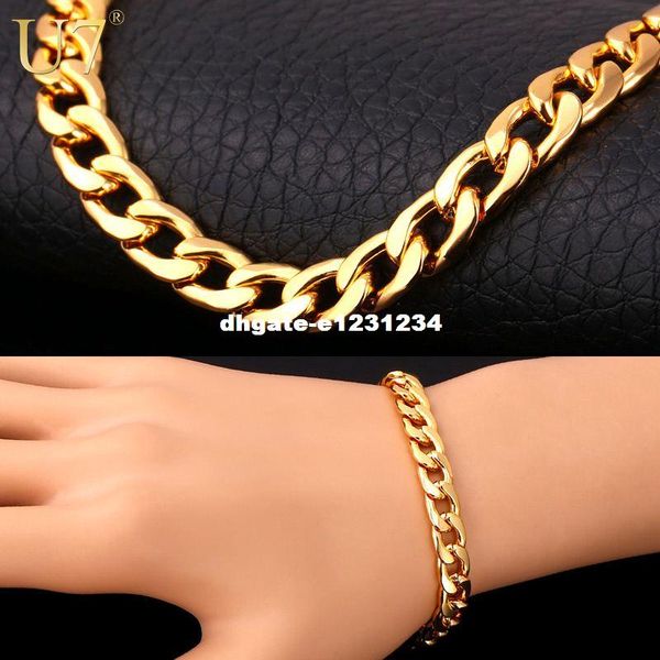 

u7 bracelet men jewelry wholesale trendy gold plated 22 cm 8 mm thick cuban link chain bracelets h385, Golden;silver