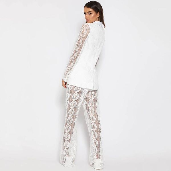

women designer lace embroidery reset graceful natural color suits deep v-neck short suits wide leg pants, White