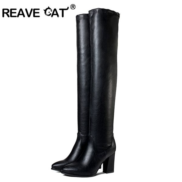

reave cat women boots over the knee ladies spring autumn boots high heels pointed toe velvet warm female mujer botas a760, Black
