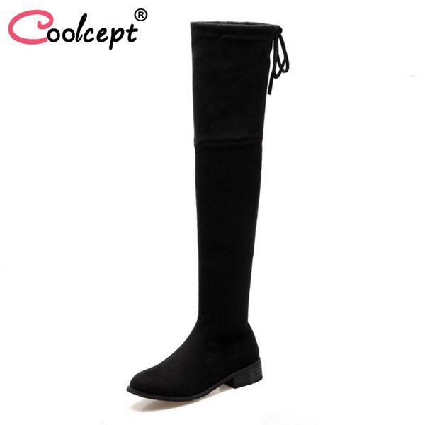 

boots coolcept women over knee lace up fur women's shoes square heel solid ladies botas concise winter footwear size 34-39, Black