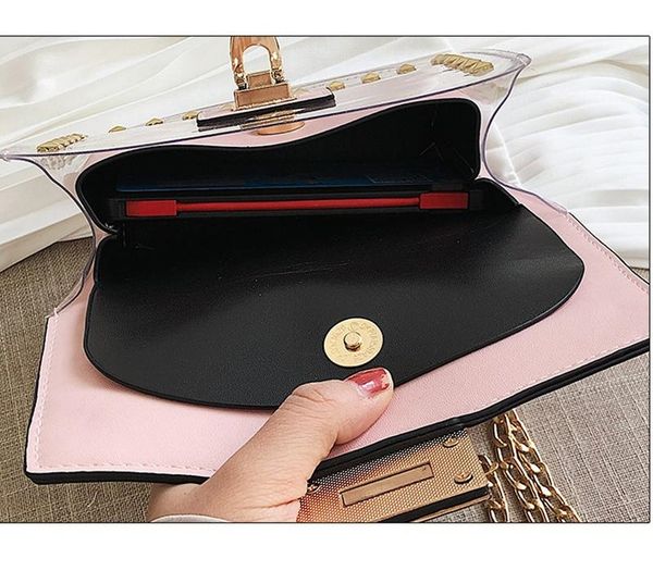 

small clear woman 2019 new fashion messenger bag chains shoulder bag female rivets transparent square pu handbag