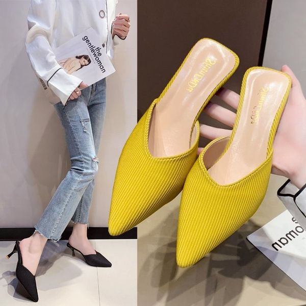 

dress shoes half slippers outside women wear the spring 02021 web celebrity fashion joker thick with cool pointed, Black