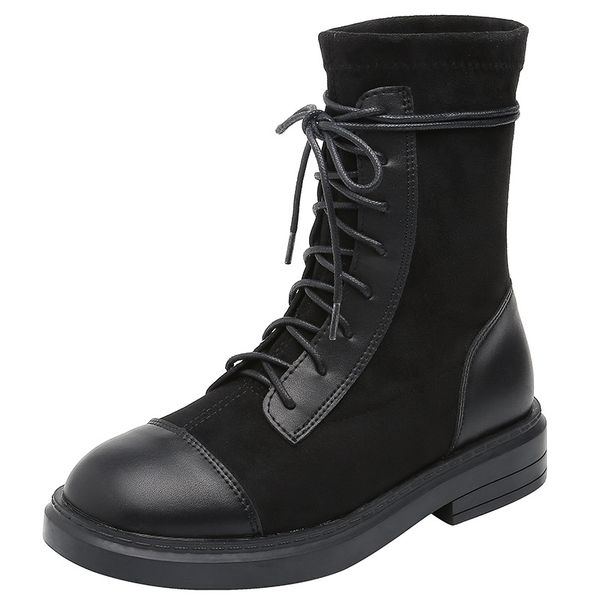 

elastic boots women mid-tube 2020 new skinny boots strappy thick heel 34-42 43 large size short women, Black