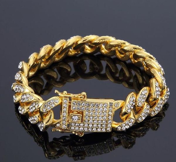 

mens hip hop gold bracelets jewelry simulated diamond iced out chain bracelets miami cuban link chain bracelet, Black