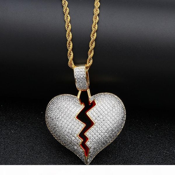 

iced out cz broken love heart pendant necklaces bling cubic zirconia gold silver charm twisted chain for women men rapper hip hop jewelry