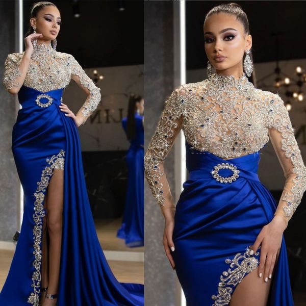 Royal Blue Vestidos 2020 Neck alta frisada Side Dividir Sexy Prom Vestido de mangas compridas Formal árabe Dubai Party Dress Robe De Soiree