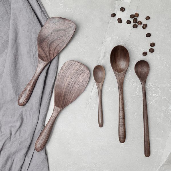 

spoons vacclo black walnut wooden eco-friendly japanese style coffee stir long scoop large soup rice spoon kitchen tableware