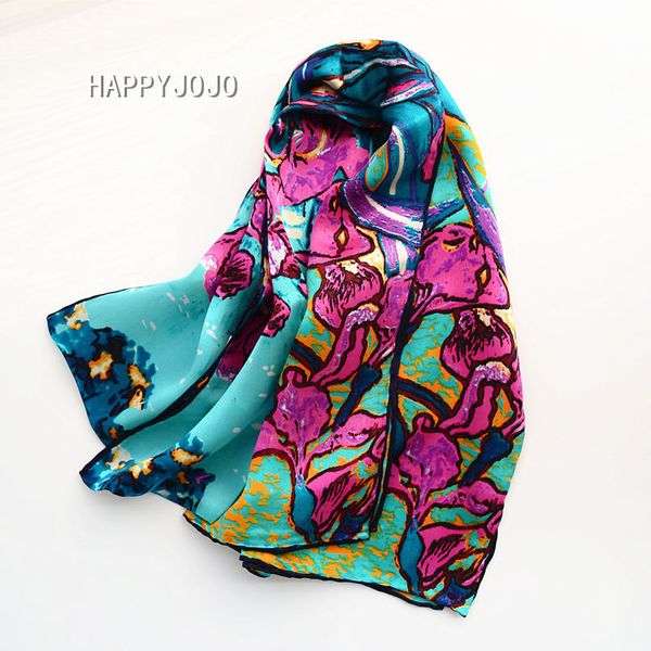 

van gogh's oil paintings lrises long scarf women soft 100% natural silk scarves good quality wrap shawl bandana gift for lady t200818, Blue;gray