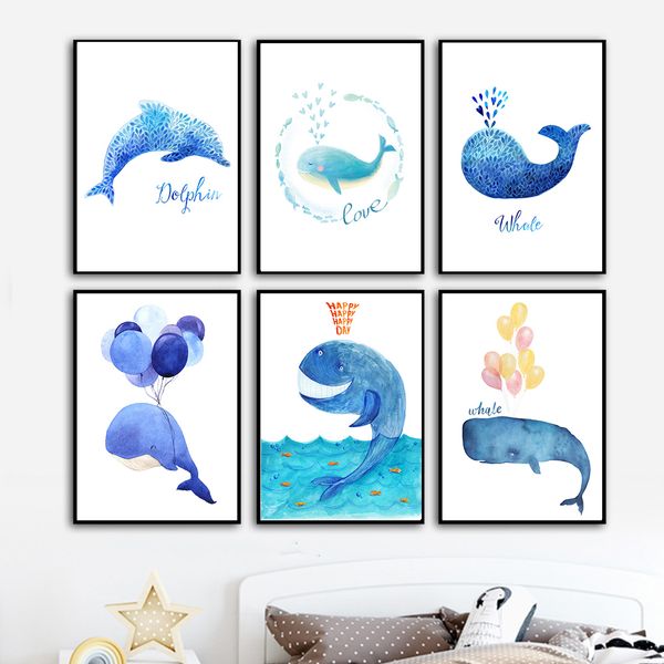 

blue whale dolphins shark balloon wall art canvas painting cartoon nordic posters prints wall pictures girl boy kids room decor