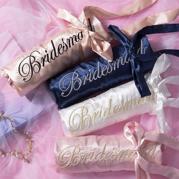 

women's sleepwear embroidery satin loose kimono bathrobe gown letter bride bridesmaid wedding robe intimate lingerie nightwear, Black;red