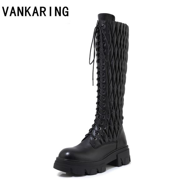 

chunky platform mixed leather knee high boots women retro punk fretwork long boots woman lace up booties mujer 2020autumn winter, Black