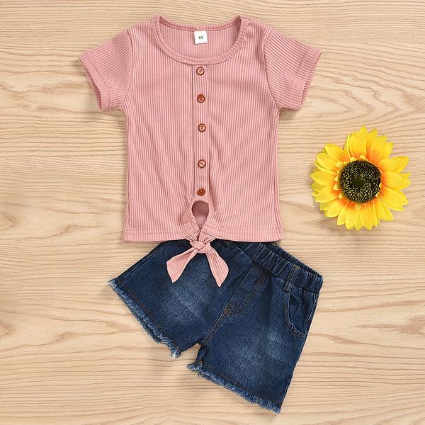 

designer pink series fashion toddler girls clothes solid short sleeve button pocket denim shorts 2pc outfits sale, Pink;blue
